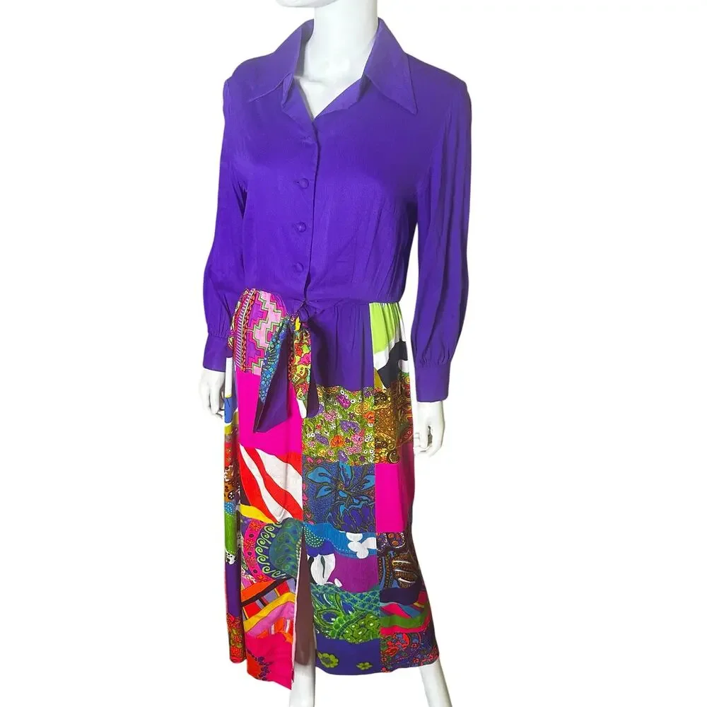 Vtg 1970s Krist Psychedelic Patchwork Maxi Dress Acrylic Barkcloth psychedelic